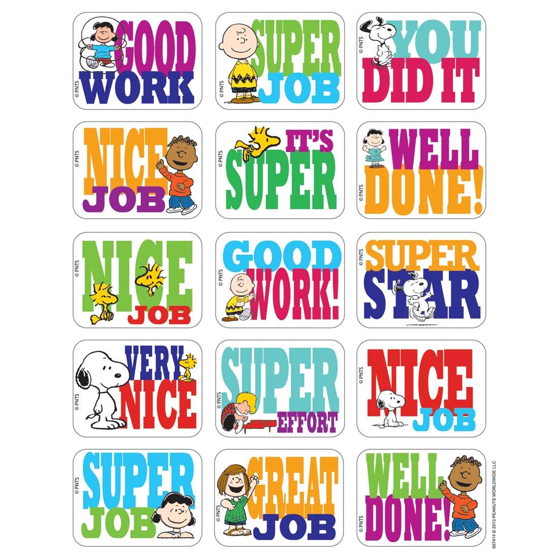 Peanuts Success Stickers by Eureka with messages like Good Work, Super Job, You Did It