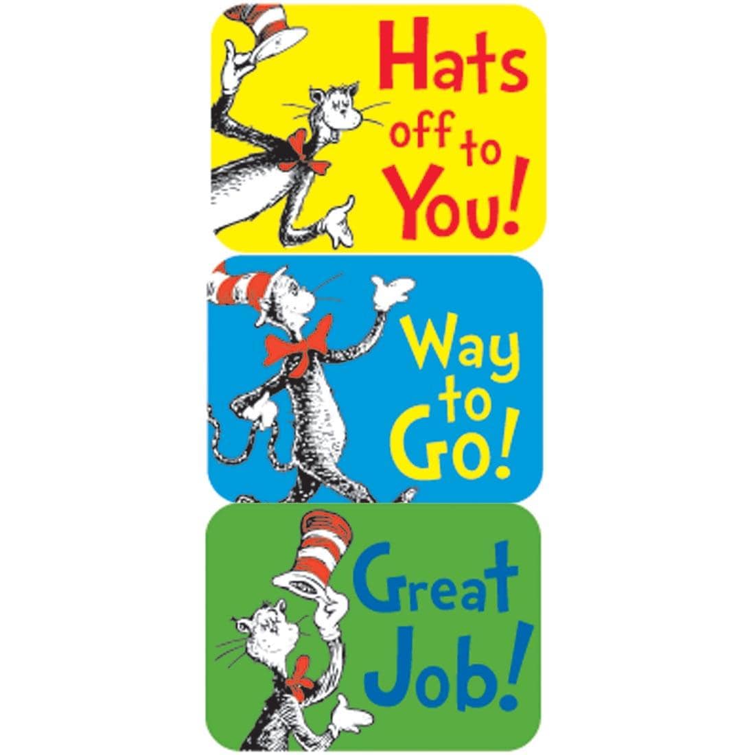 Dr. Seuss Cat in the Hat Success Stickers by Eureka with the messages Hats off to You, Way to Go, Great Job