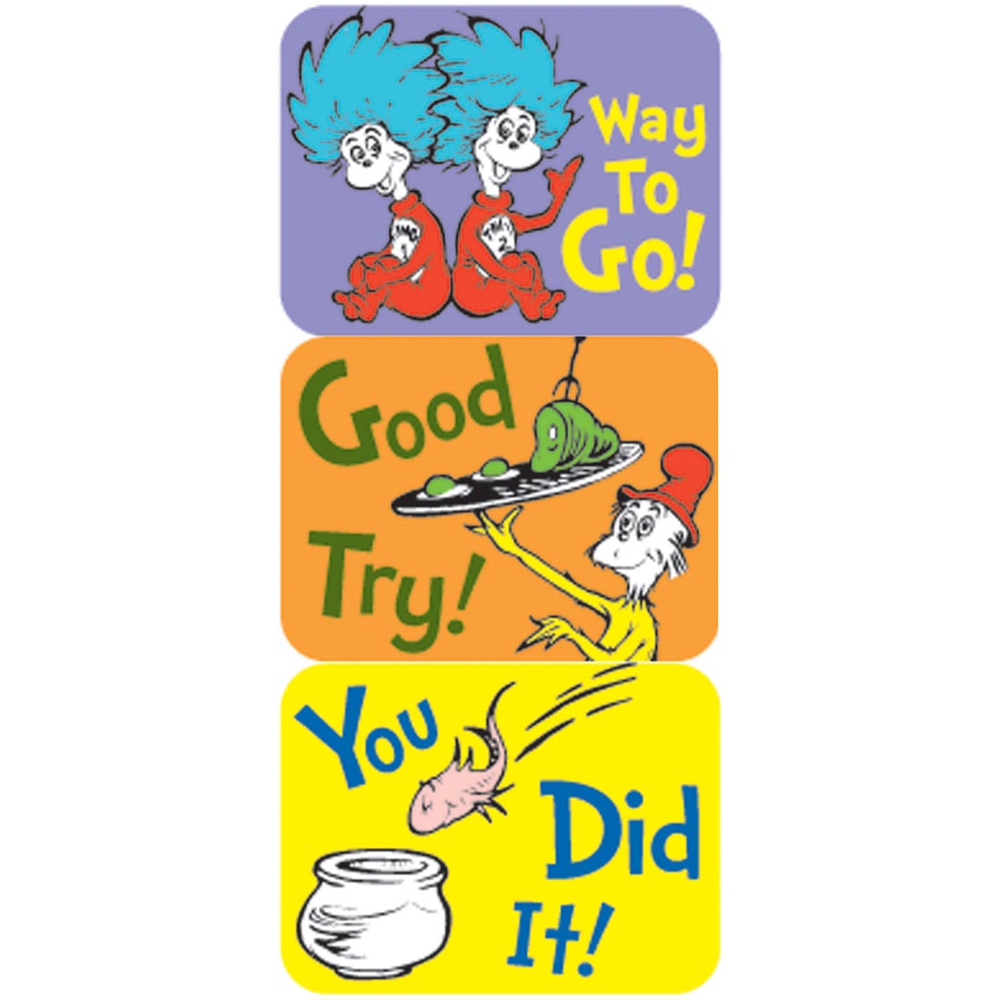 Dr. Seuss Success Stickers by Eureka with the messages Way to Go, Good Try, You Did It
