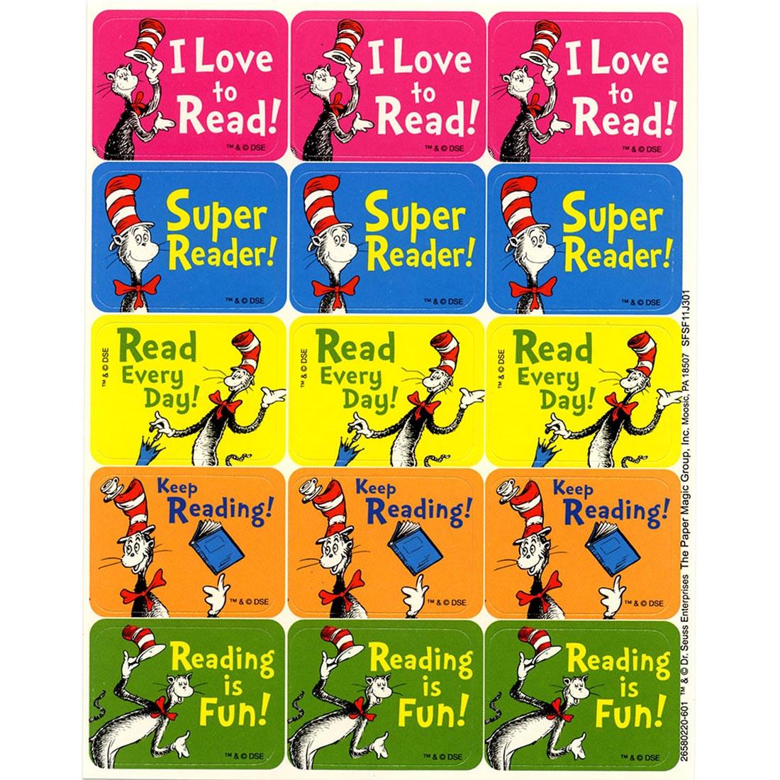 Dr. Seuss The Cat in the Hat Success Stickers by Eureka with the messages I Love to Read, Super Reader, Read Every Day, Keep Reading, Reading is Fun