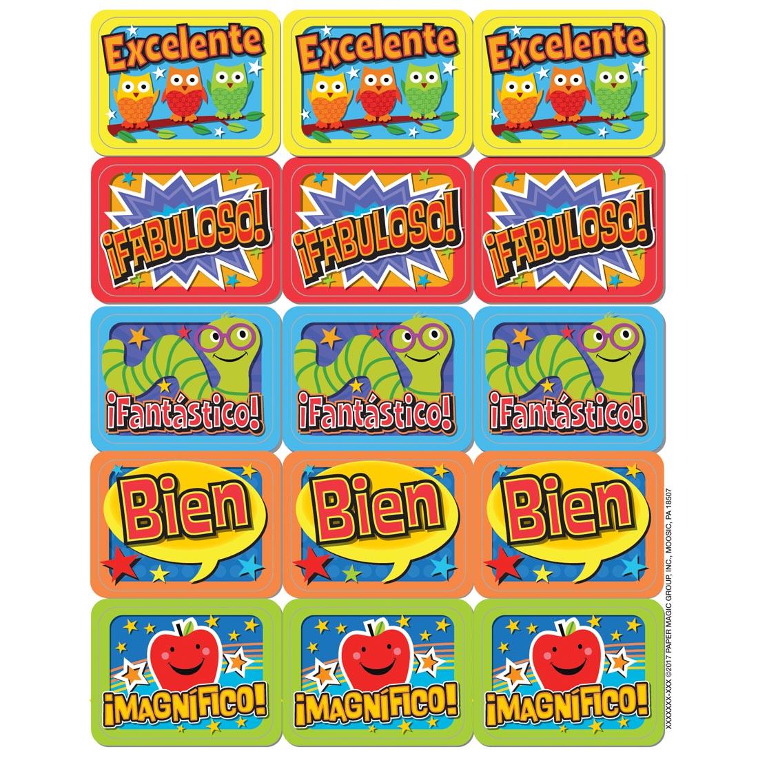 Spanish Success Stickers by Eureka with the messages Excelente, Fabuloso, Fantastico, Bien, Magnifico
