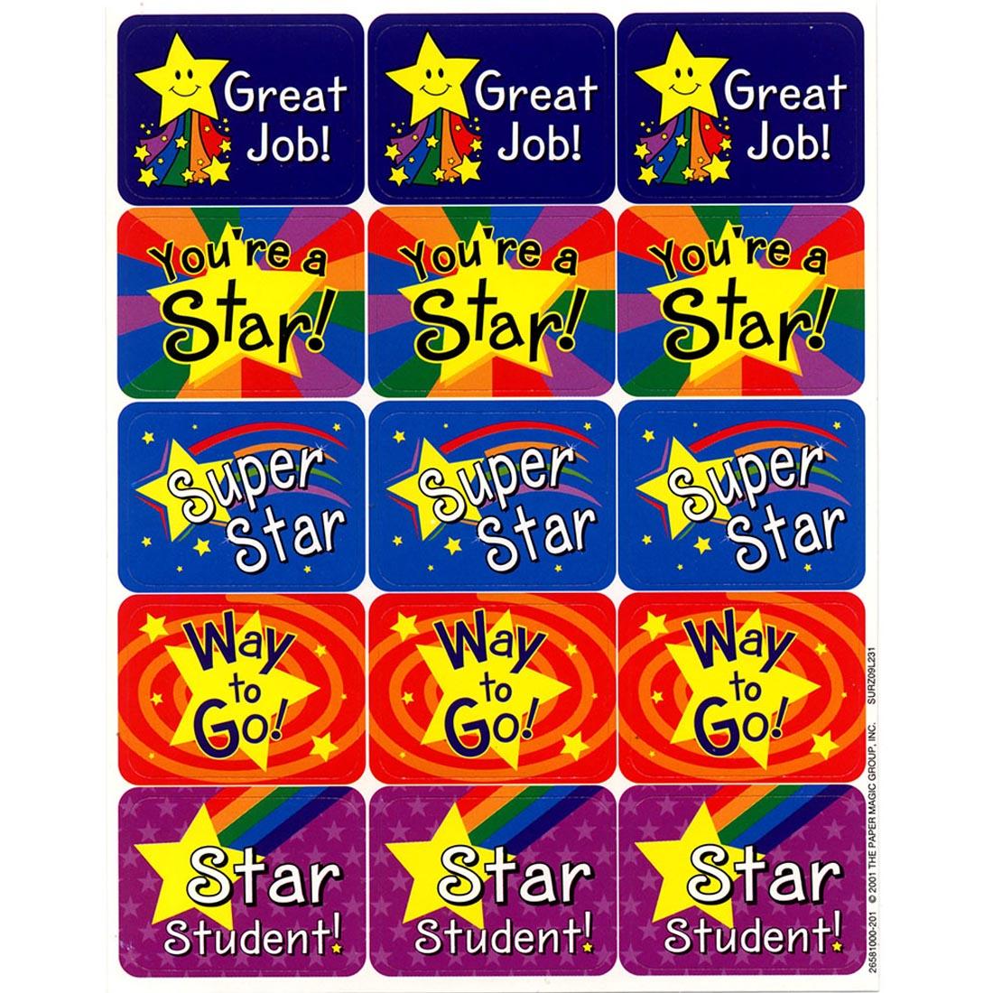 Stars Success Stickers by Eureka with the messages Great Job, You're a Star, Super Star, Way to Go, Star Student