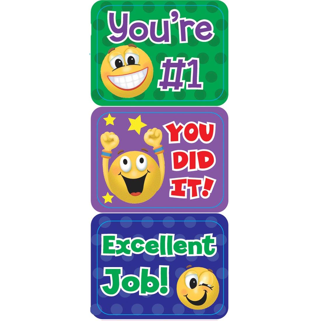 Emoticon Success Stickers by Eureka with the messages You're #1, You Did It, Excellent Job