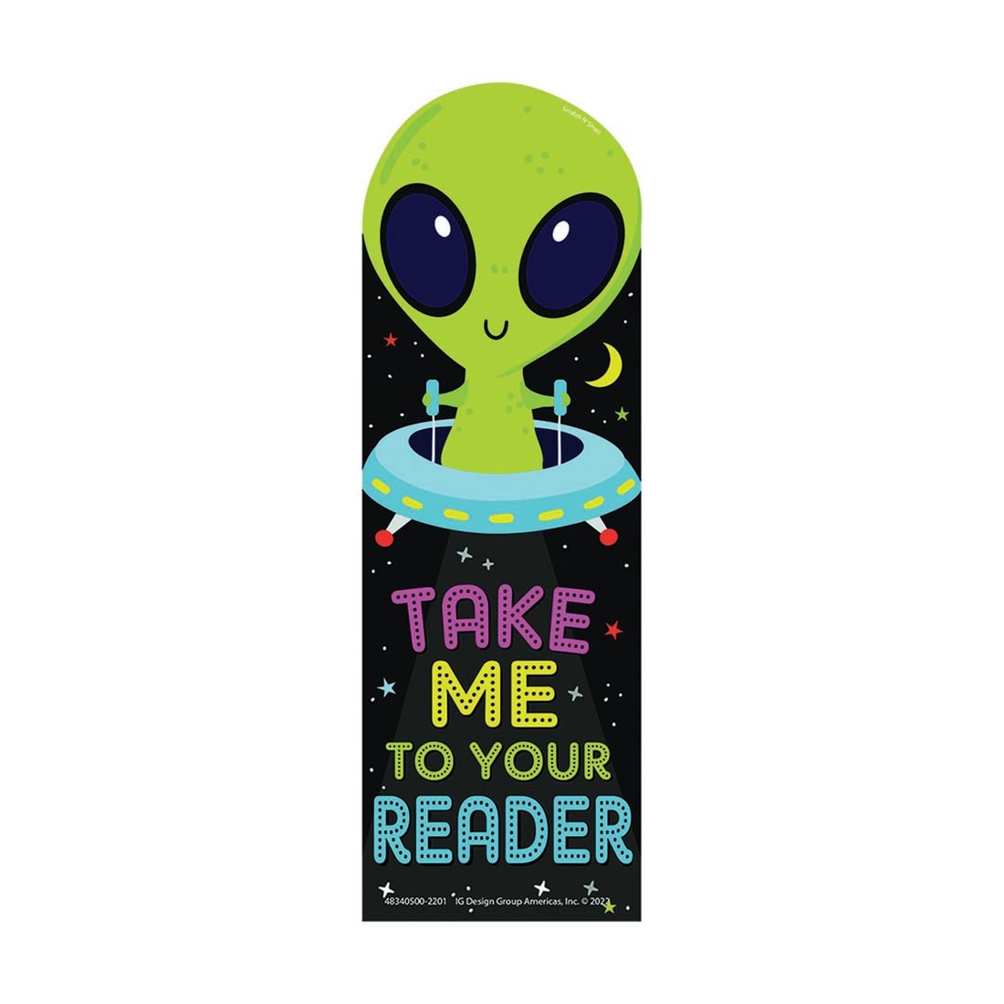 Take Me To Your Reader Green Apple Scented Bookmark By Eureka, showing a green space alien