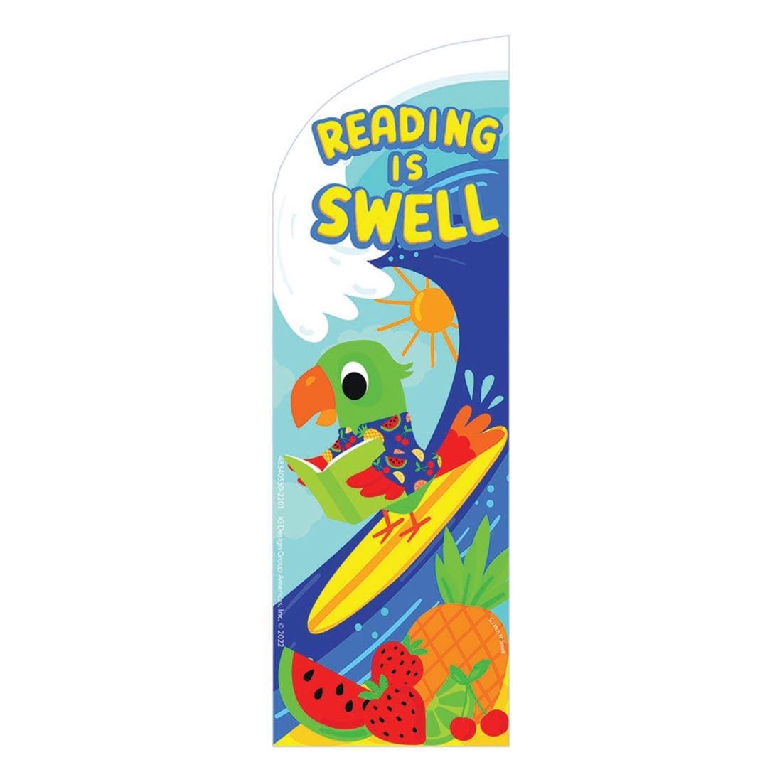 Reading Is Swell Fruit Punch Scented Bookmark By Eureka, showing a bird surfing while reading a book