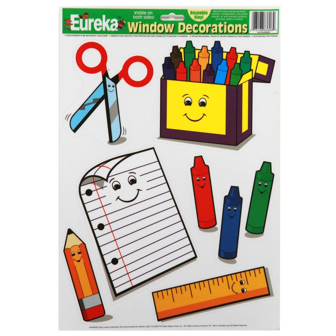 Back to School Window Clings by Eureka include crayons, scissors, paper, pencil and ruler