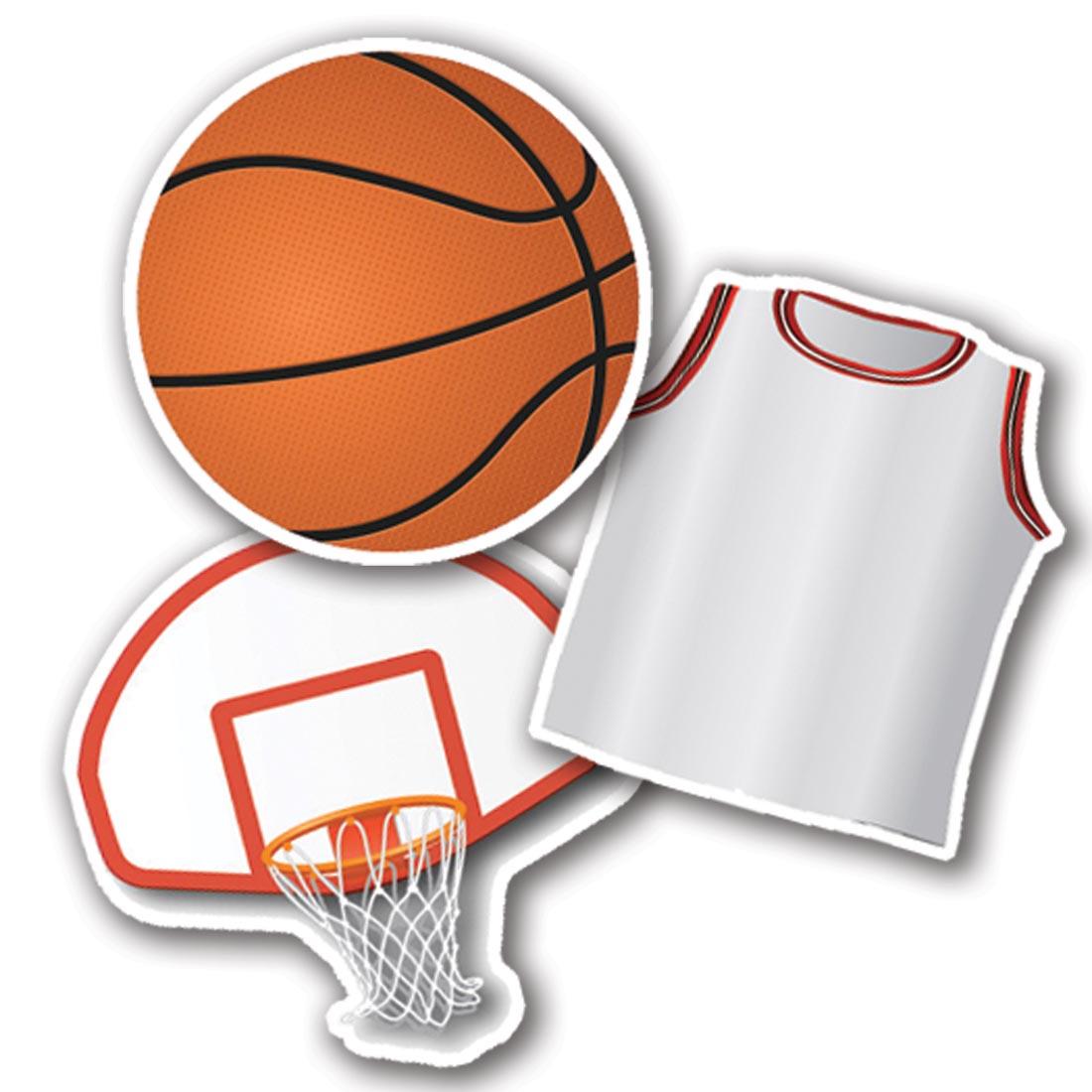 Assorted Paper Cut-Outs by Eureka have a Basketball, Jersey and Backboard with Hoop