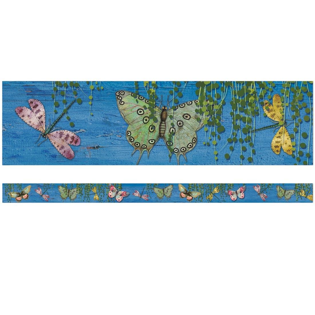 Full strip plus a closeup of the Curiosity Garden Butterfly Deco Trim By Eureka