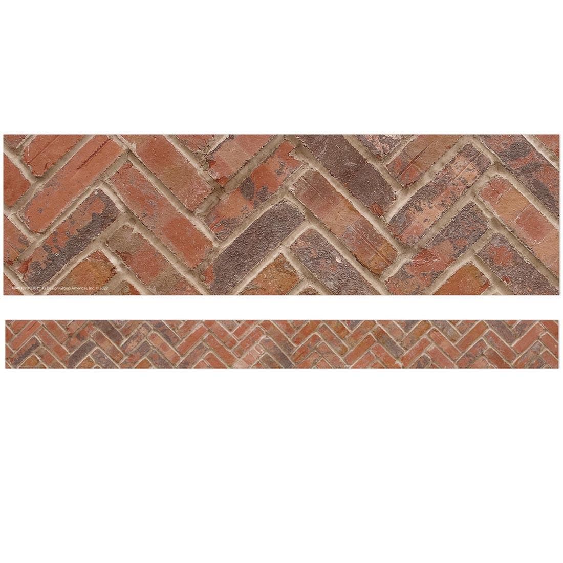 Full strip plus a closeup of the Curiosity Garden Brick Extra-Wide Deco Trim By Eureka