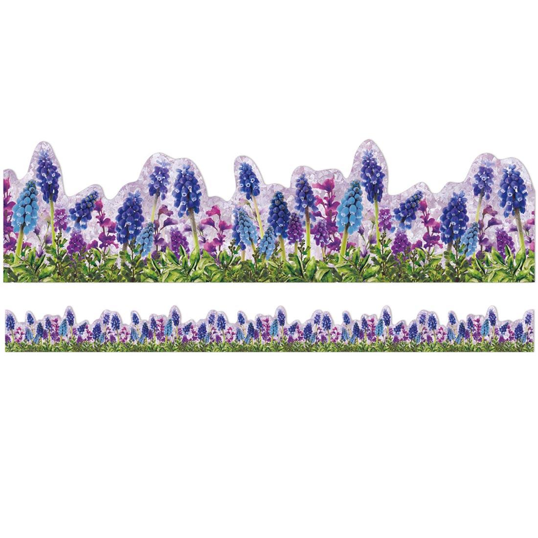 Full strip plus a closeup of the Curiosity Garden Die-Cut Floral Extra-Wide Deco Trim By Eureka