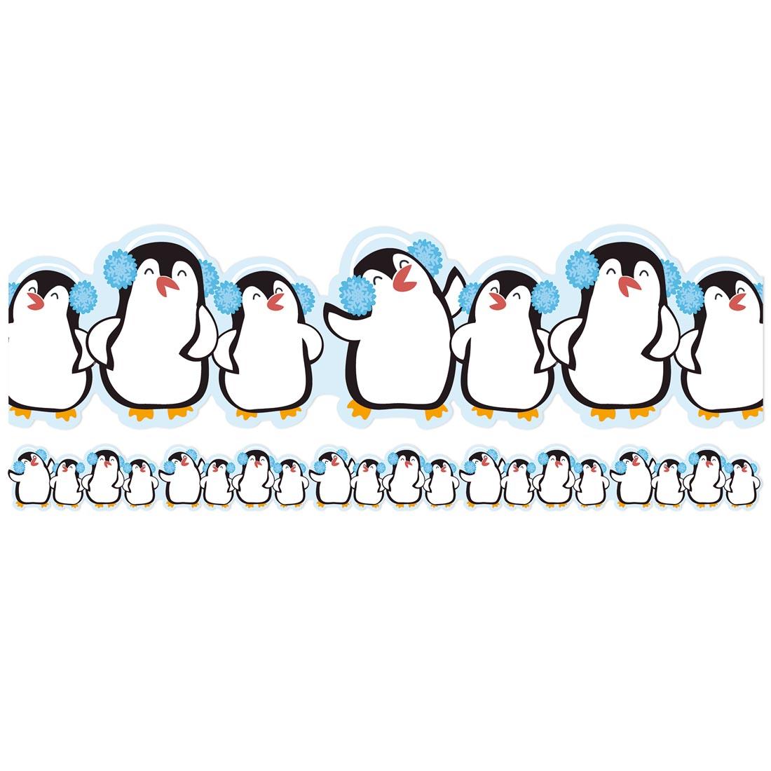 closeup and full strip of Winter Penguins Extra Wide Deco Trim by Eureka