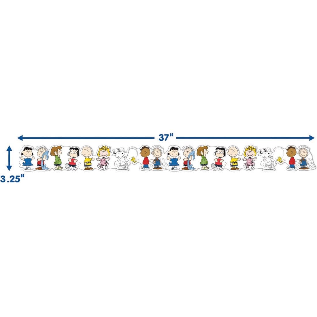 strip of Peanuts Character Lineup Extra Wide Deco Trim By Eureka labeled with measurements