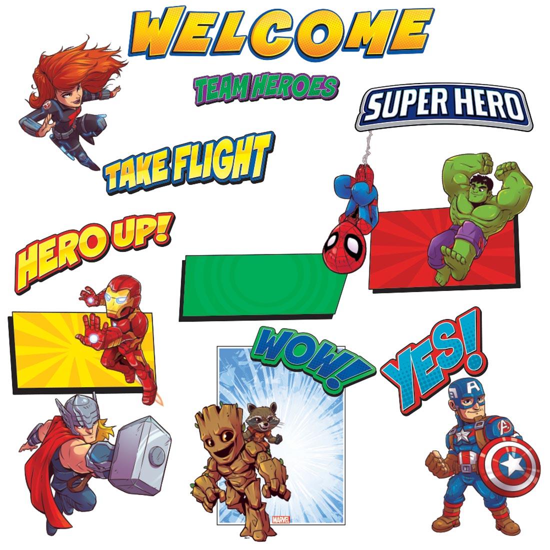 Marvel Super Hero Adventure Welcome Bulletin Board Set with the words Team Heroes, Take Flight and Hero Up!