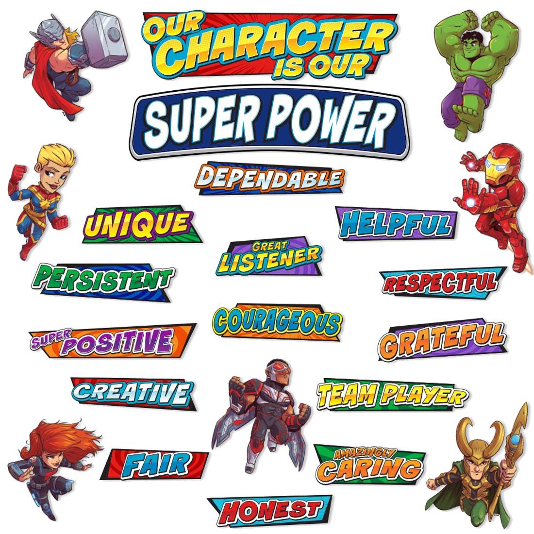 Marvel Super Hero Adventure Hero Traits Mini Bulletin Board Set includes Dependable, Unique, Helpful, Persistent, etc.