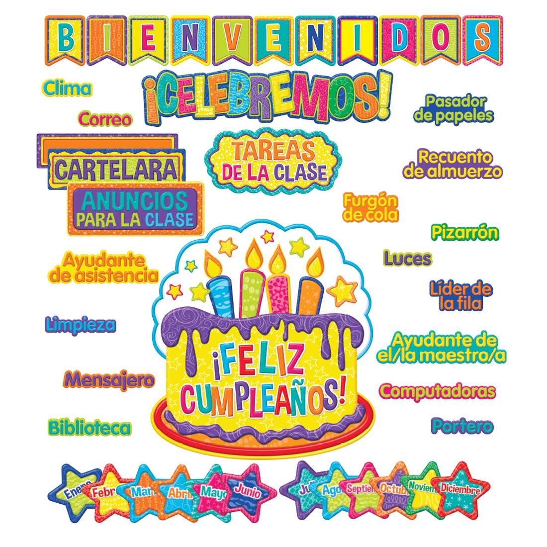 Color My World Spanish Welcome/Class Organization Bulletin Board Set includes Bienvenidos, Celebremos, Tareas de la Clase and more