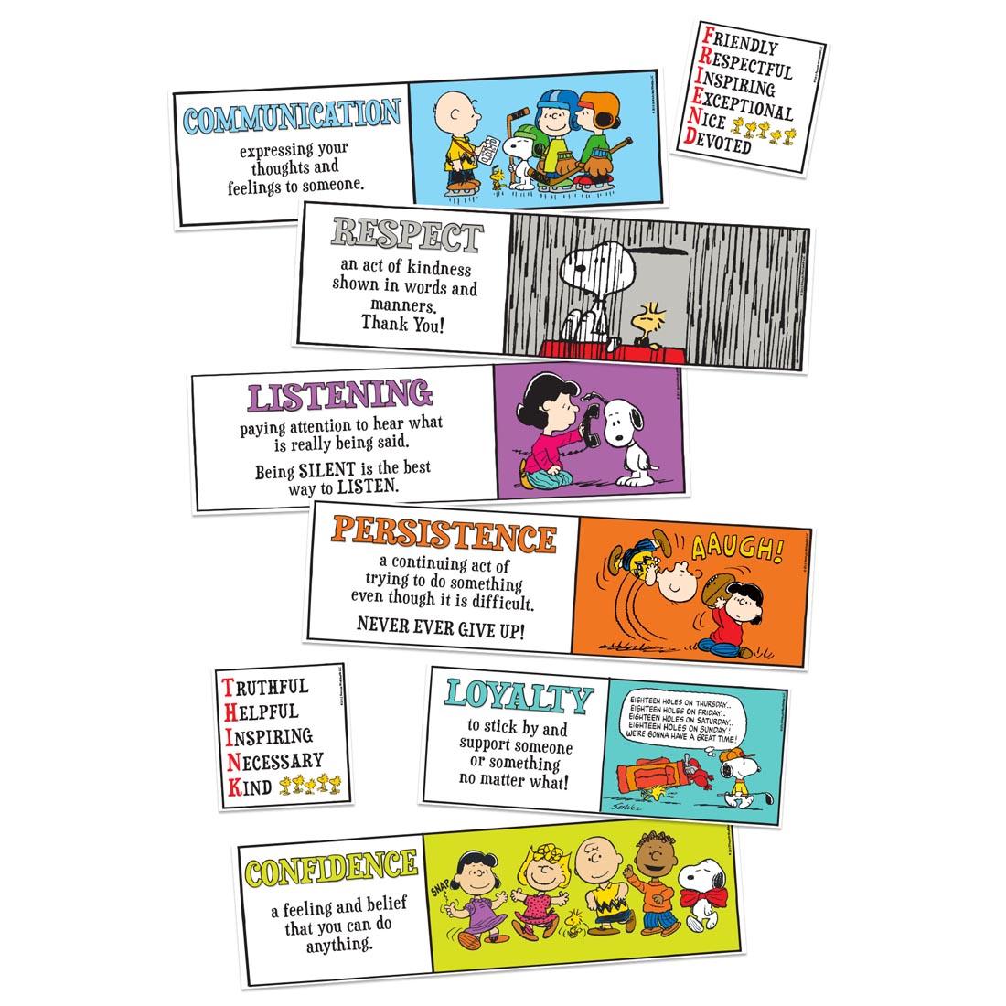 Peanuts Character Building Mini Bulletin Board Set by Eureka includes message about Communication, Respect, Listening, Persistence, Loyalty and Confidence