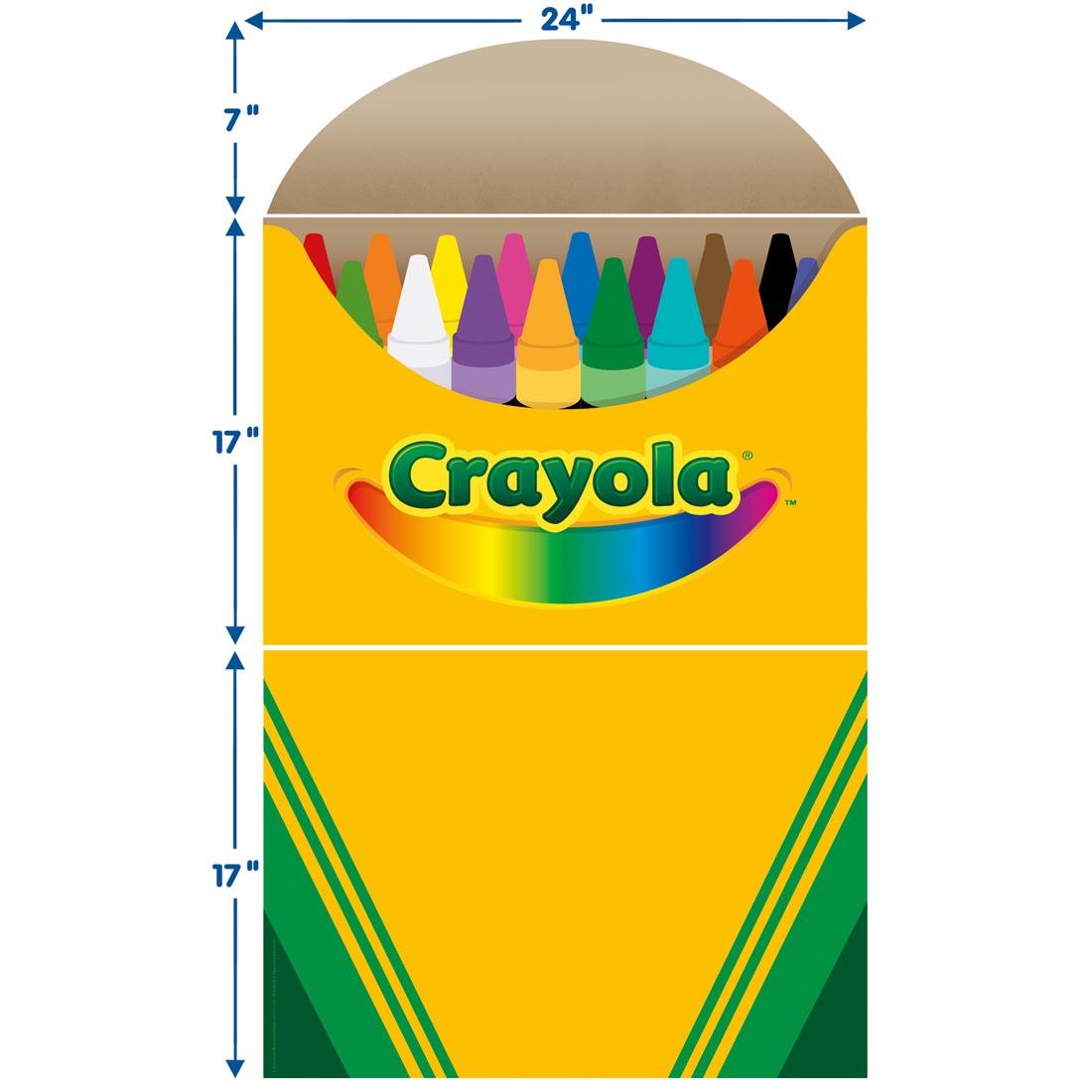 a Crayola crayon box from the Let Your Colors Shine Bulletin Board Set From The Crayola Collection By Eureka labeled with its dimensions