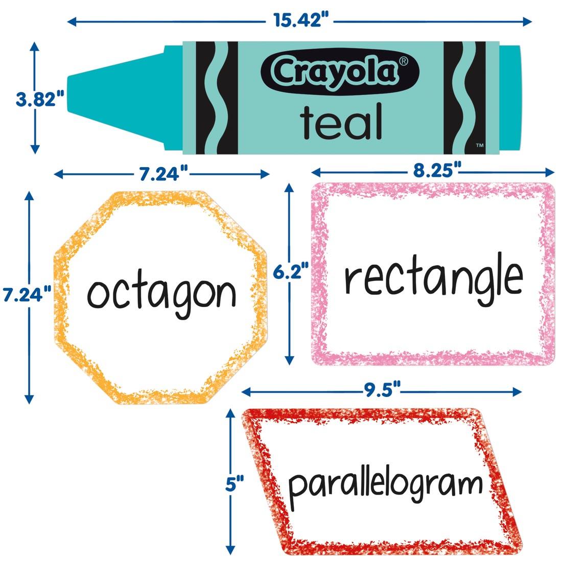 Four pieces from the Colors And Shapes Bulletin Board Set From The Crayola Collection By Eureka labeled with their dimensions