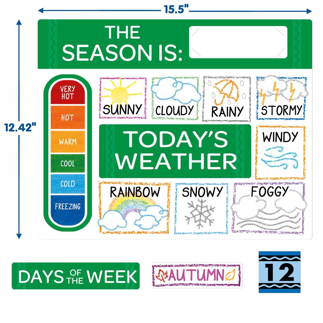 pieces from the Calendar Bulletin Board Set From The Crayola Collection By Eureka labeled with their dimensions