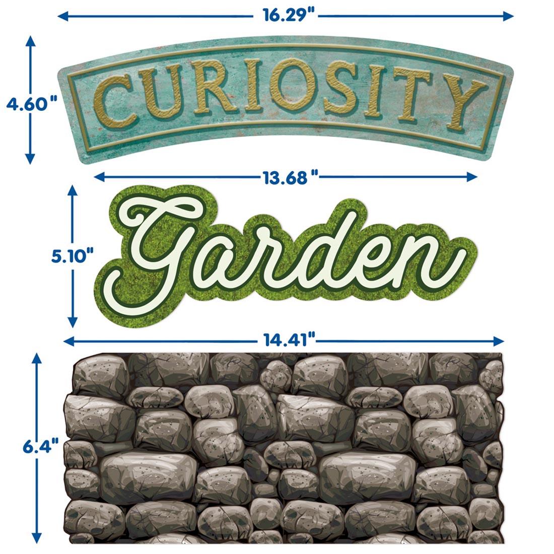 Three pieces from the Curiosity Garden Welcome Bulletin Board Set By Eureka labeled with their dimensions