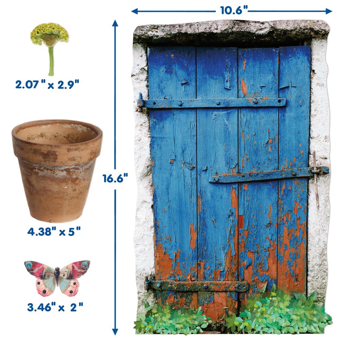 Four pieces from the Curiosity Garden Welcome Bulletin Board Set By Eureka labeled with their dimensions