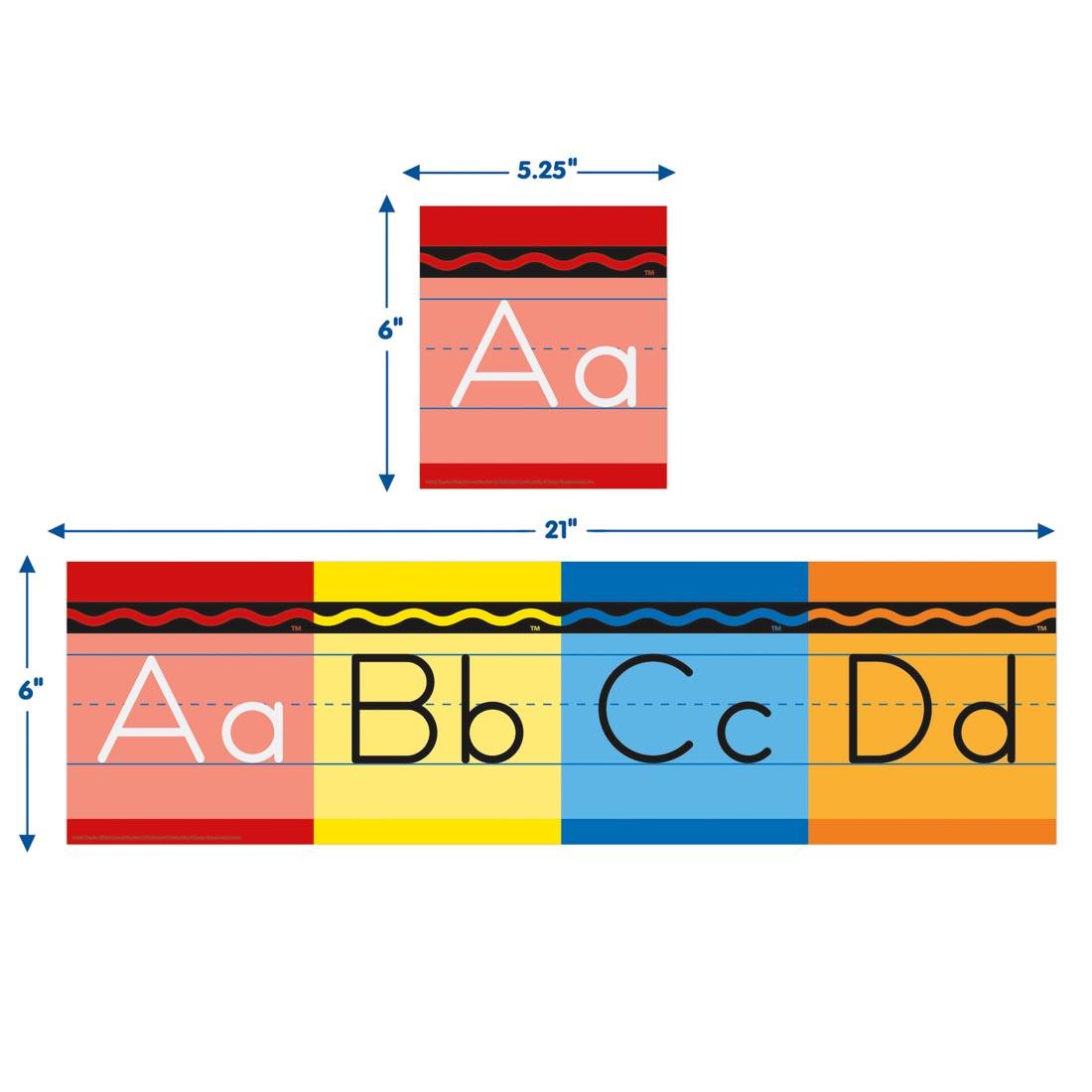 Two pieces from the Alphabet Mini Bulletin Board Set From The Crayola Collection By Eureka labeled with their dimensions