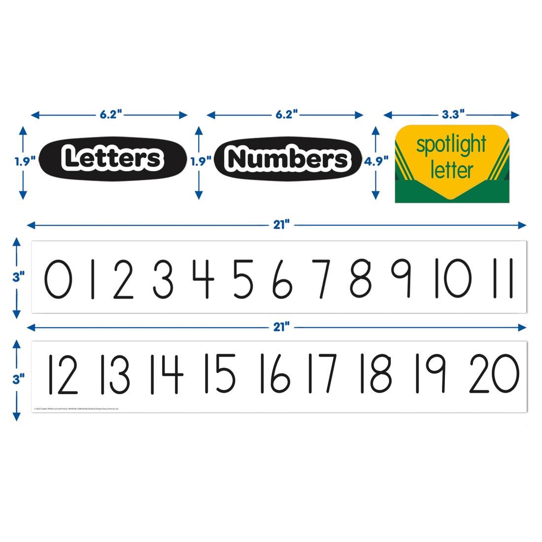 Five pieces from the Alphabet Mini Bulletin Board Set From The Crayola Collection By Eureka labeled with their dimensions