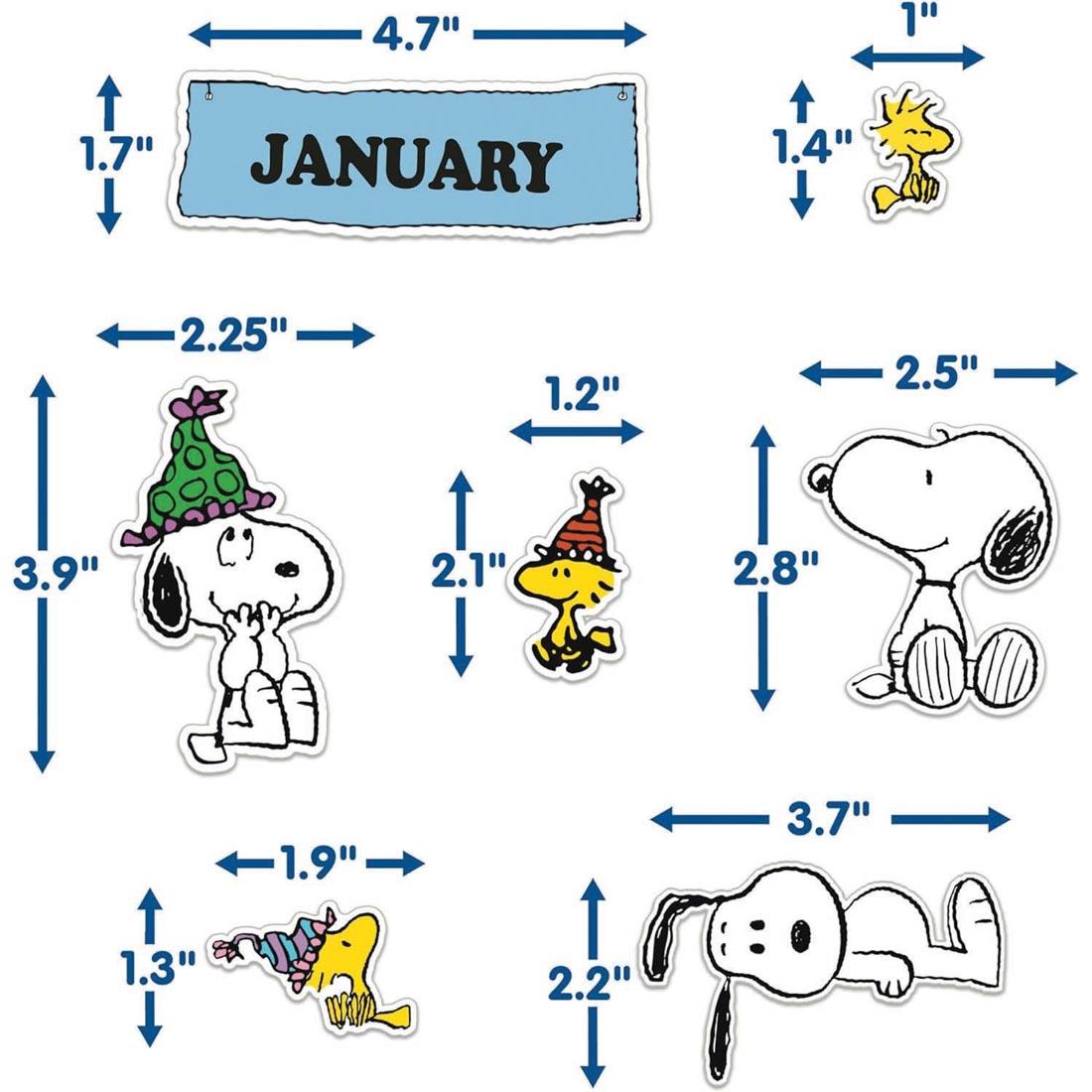 pieces from the Birthday Mini Bulletin Board Set from the Peanuts collection by Eureka labeled with their measurements