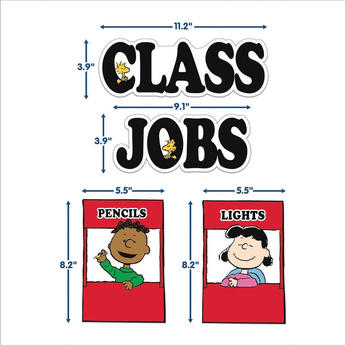 pieces from the Class Jobs Mini Bulletin Board Set from the Peanuts collection by Eureka labeled with their measurements