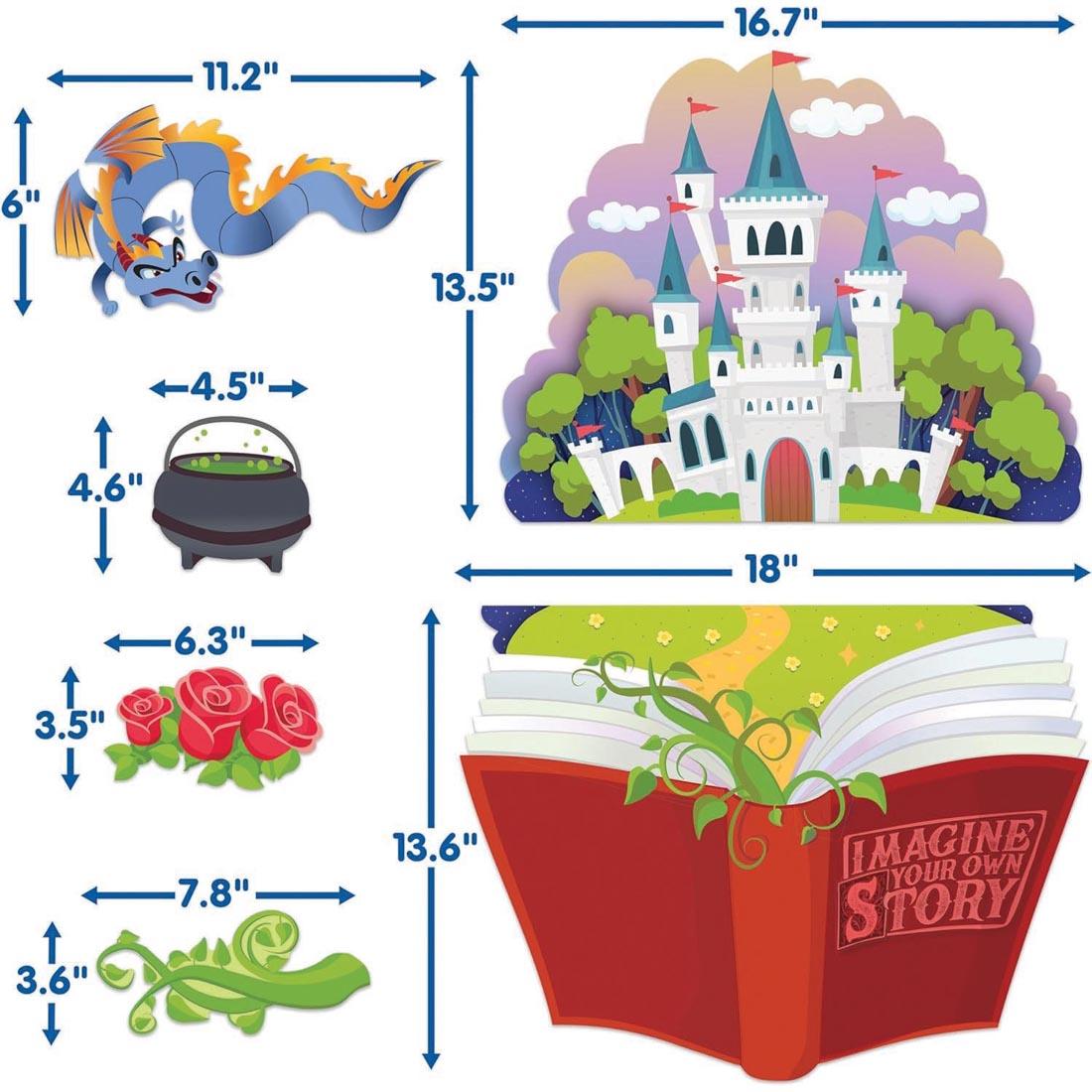 pieces from Imagine Your Own Story Bulletin Board Set from the Once Upon A Dream collection by Eureka labeled with their measurements