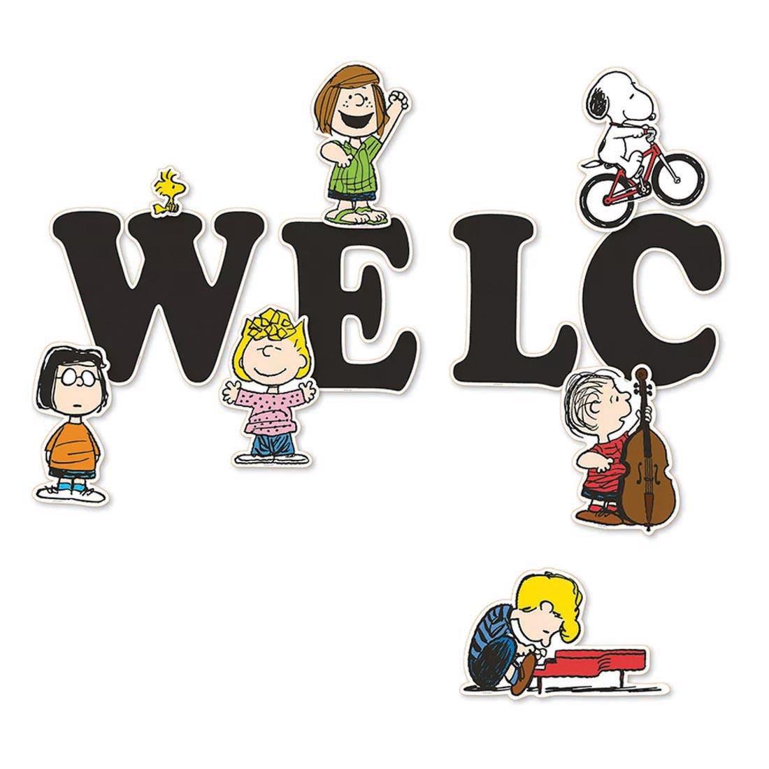 the letters WELC from the Giant Welcome Bulletin Board Set from the Peanuts collection by Eureka