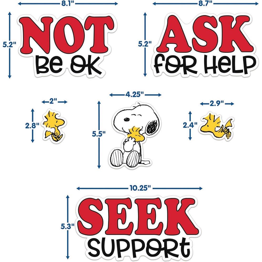 pieces from the Snoopy It's Okay To... Bulletin Board Set from the Peanuts collection by Eureka labeled with measurments