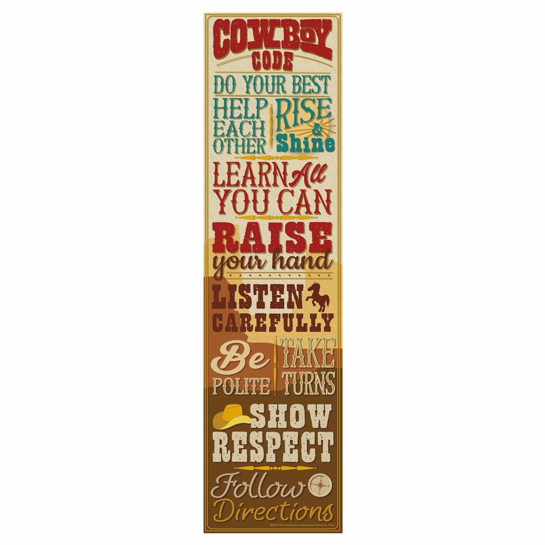 Vertical Banner from the Wild Wild Classroom collection By Eureka lists the Cowboy Code (classroom rules)