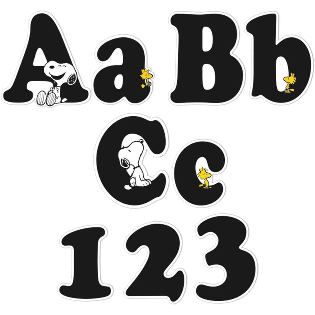 pieces from the Punch-Out Reusable Black Deco Letters from the Peanuts collection by Eureka