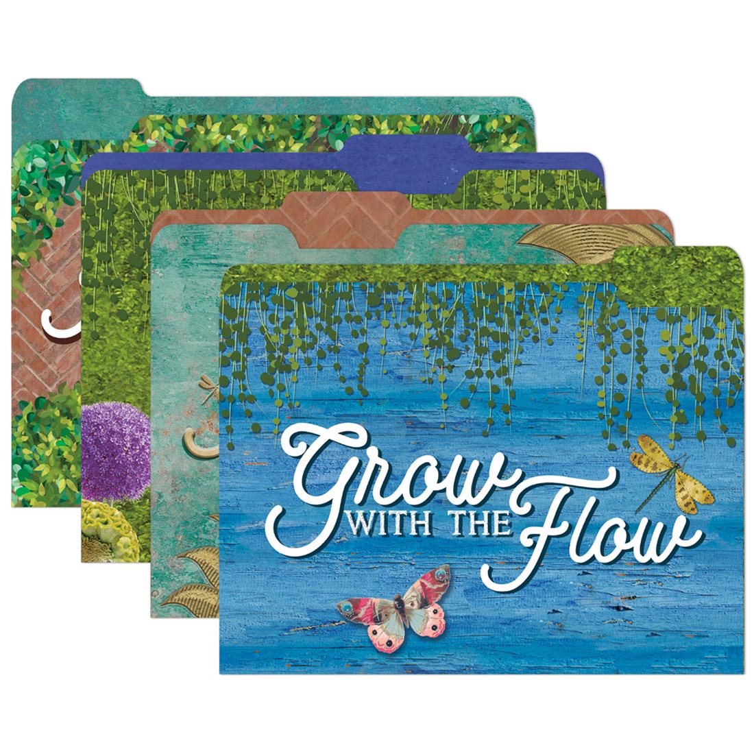Curiosity Garden File Folders By Eureka; the top one says Grow with the flow