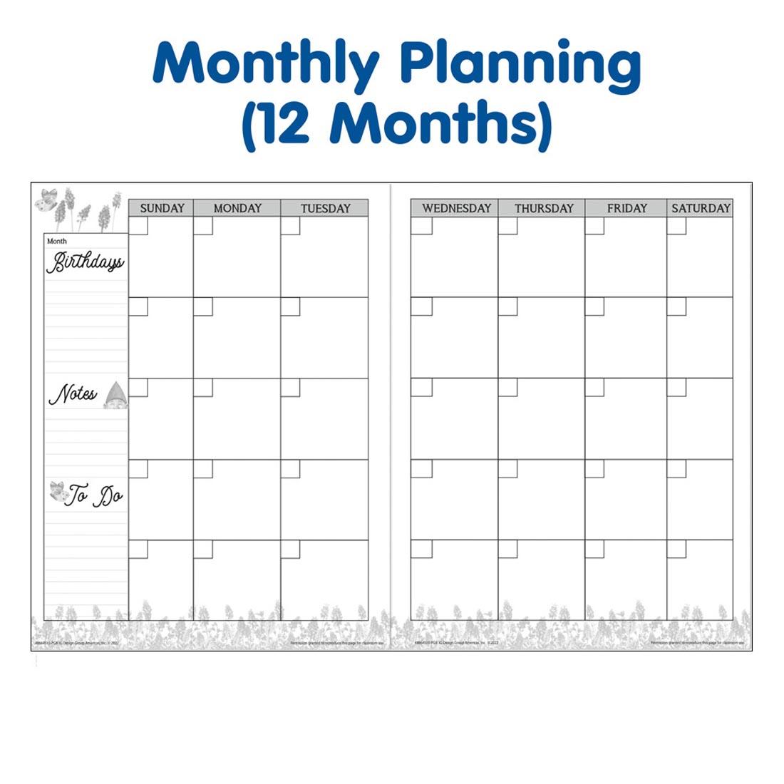 sample pages from the Curiosity Garden Lesson Plan & Record Book By Eureka with the text Monthly Planning (12 Months)