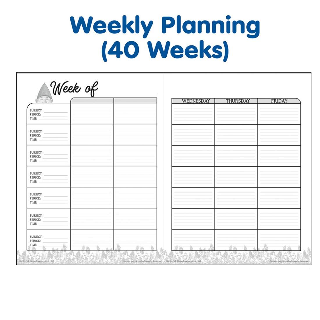 Sample pages from the Curiosity Garden Lesson Plan & Record Book By Eureka with the text Weekly Planning (40 Weeks)