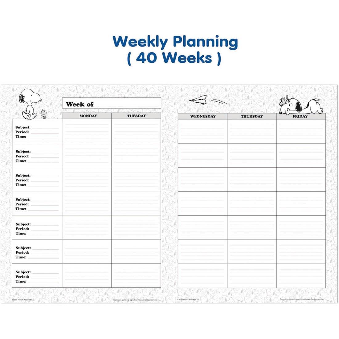 pages from Snoopy Lesson Plan And Record Book from the Peanuts collection by Eureka with text Weekly Planning (40 Weeks)