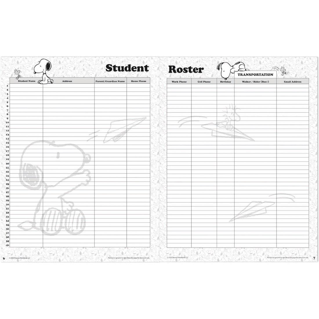 Student Roster pages from Snoopy Lesson Plan And Record Book from the Peanuts collection by Eureka