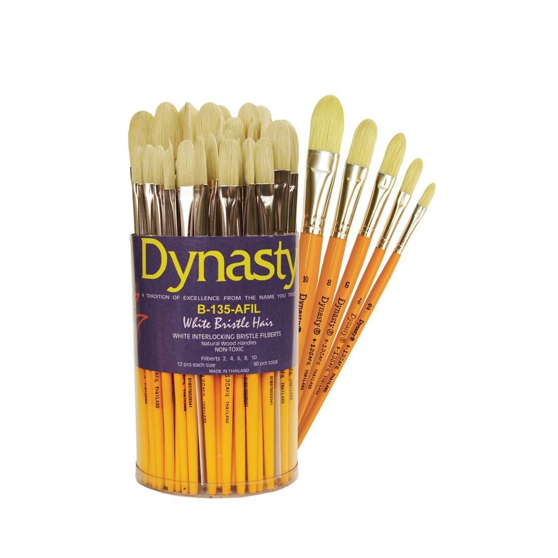 tub of Dynasty White Bristle Filbert Brush Set with the five different sizes showing beside it