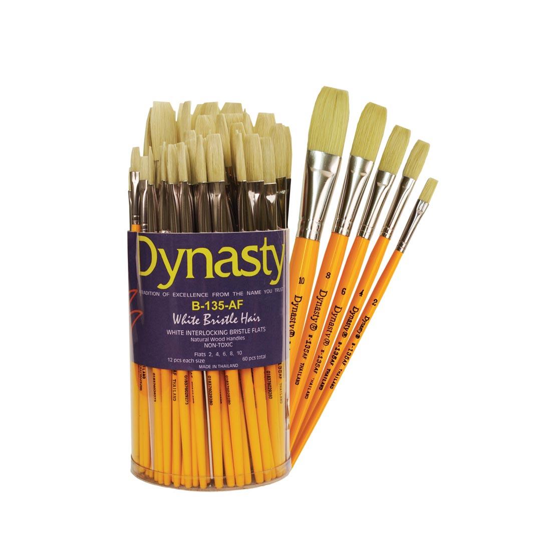 Tub of Dynasty White Bristle Flat Brush Set with the five different sizes showing beside it