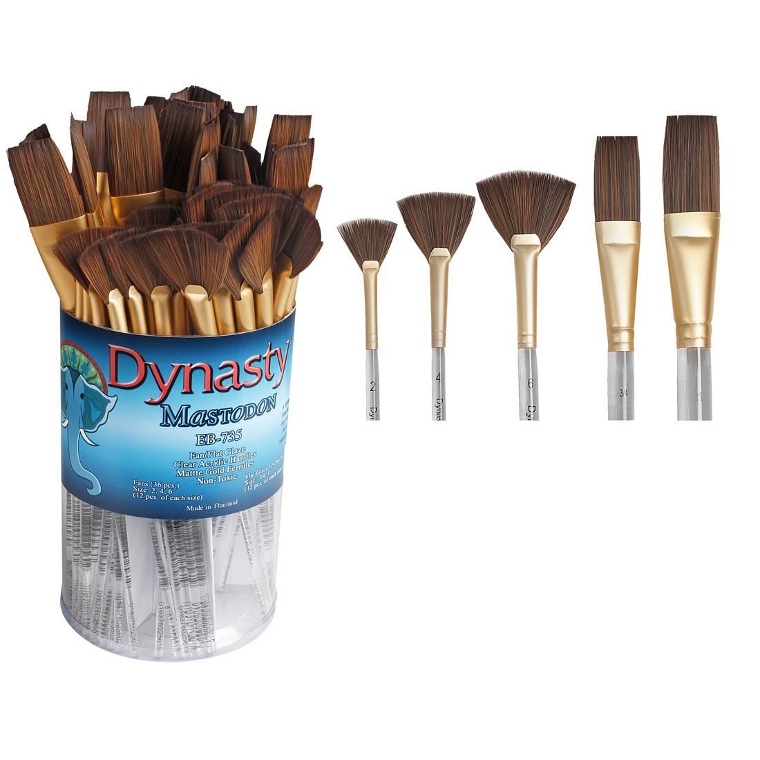 Tub of Dynasty Mastodon Short Handle Fan and Flat Glaze Brush Assortment beside a closeup of the 5 different brush sizes included