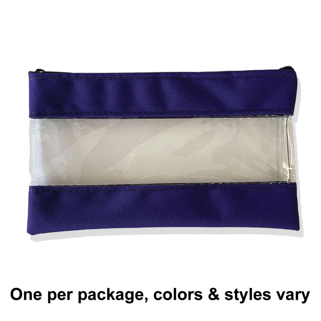 zippered storage bag with see-through strip in the middlezipper storage bag, with the words "One per package, colors & styles vary"