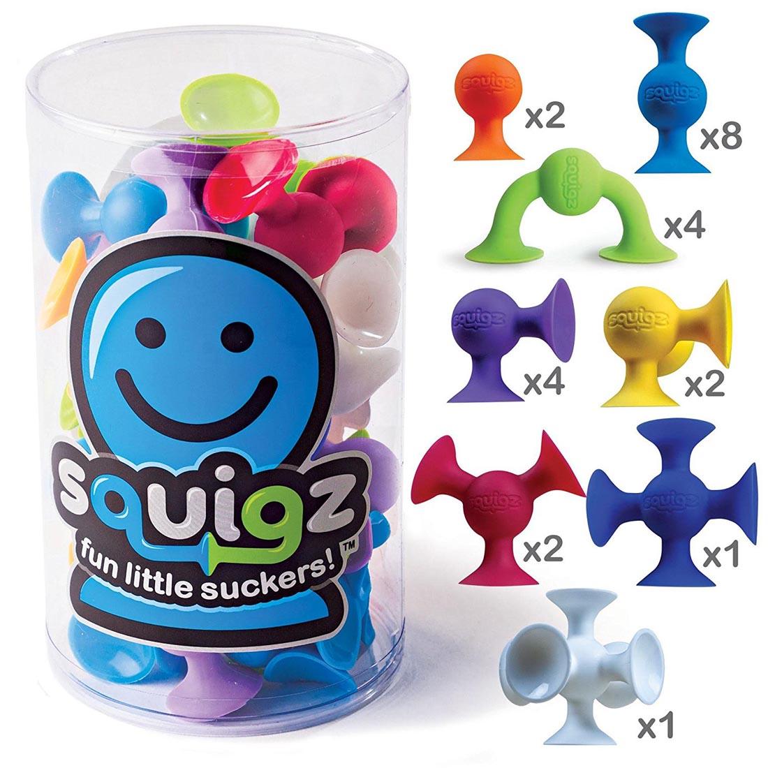 Squigz Sensory Development Toy Starter Set with individual pieces labeled with their quantities