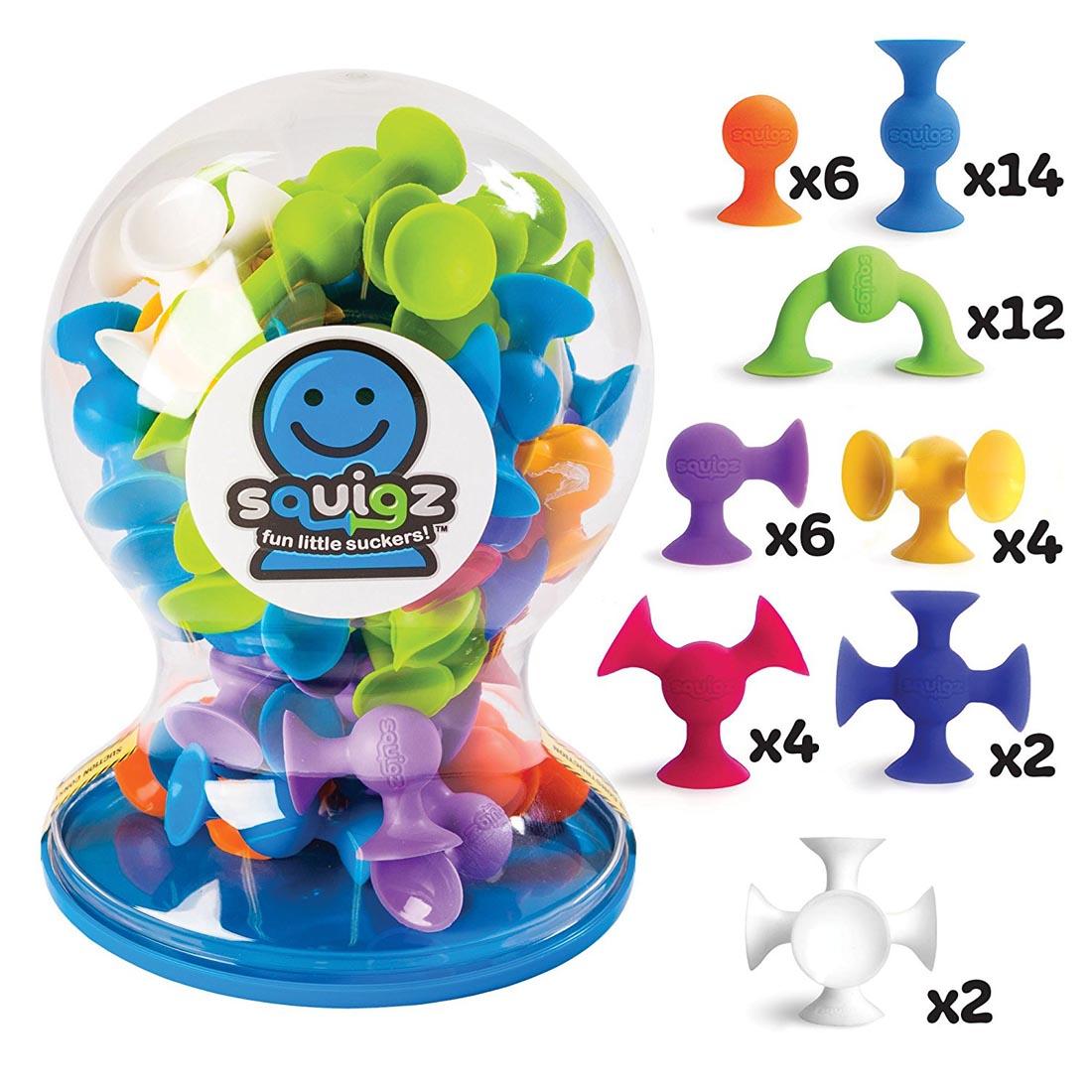 Squigz Sensory Development Toy Deluxe Set with individual pieces labeled with their quantities