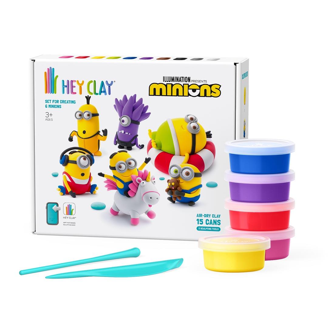cans of Hey Clay and tools outside the box for Hey Clay Minions By Fat Brain Toys