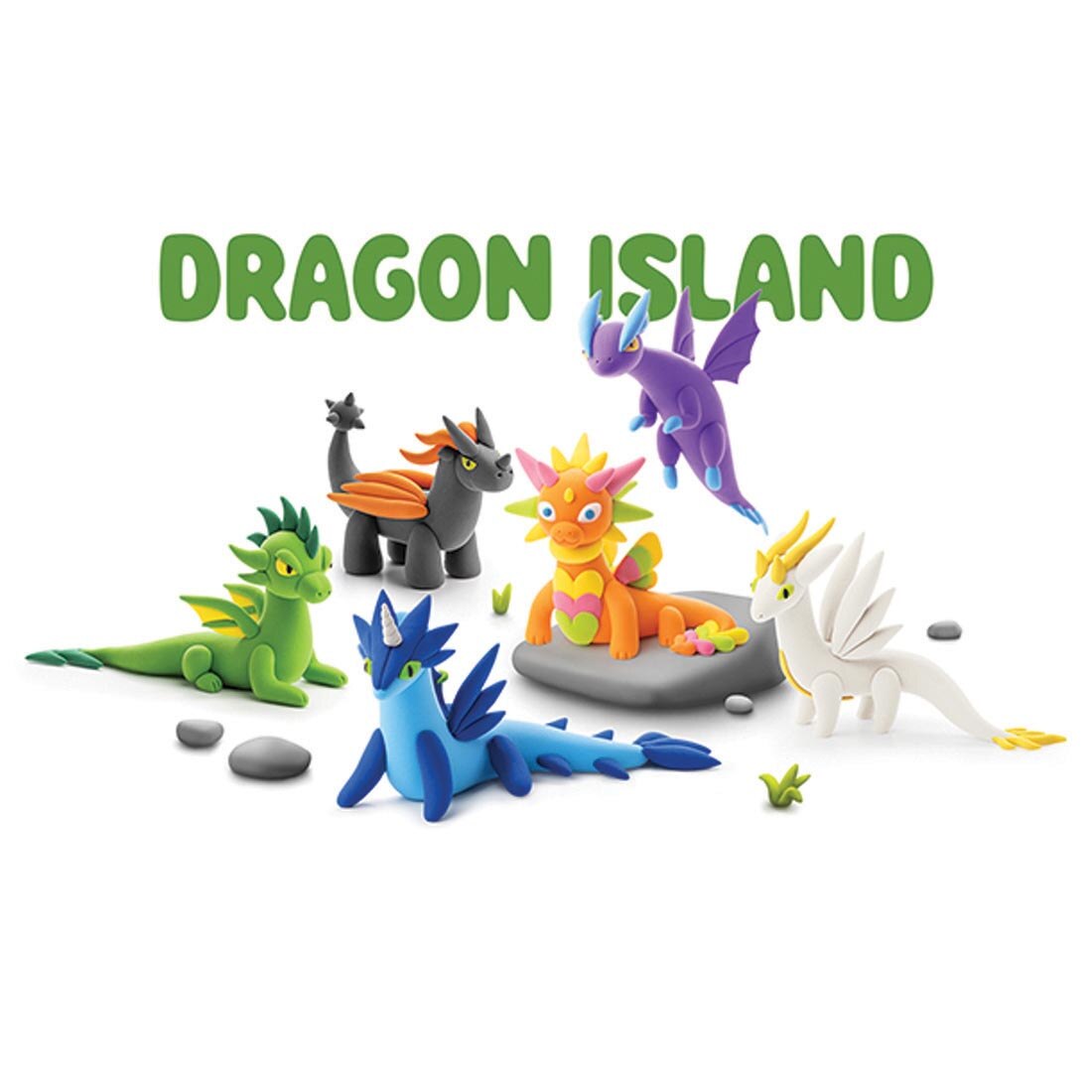 examples of completed sculptures made with Dragon Island Hey Clay By Fat Brain Toys plus the text Dragon Island