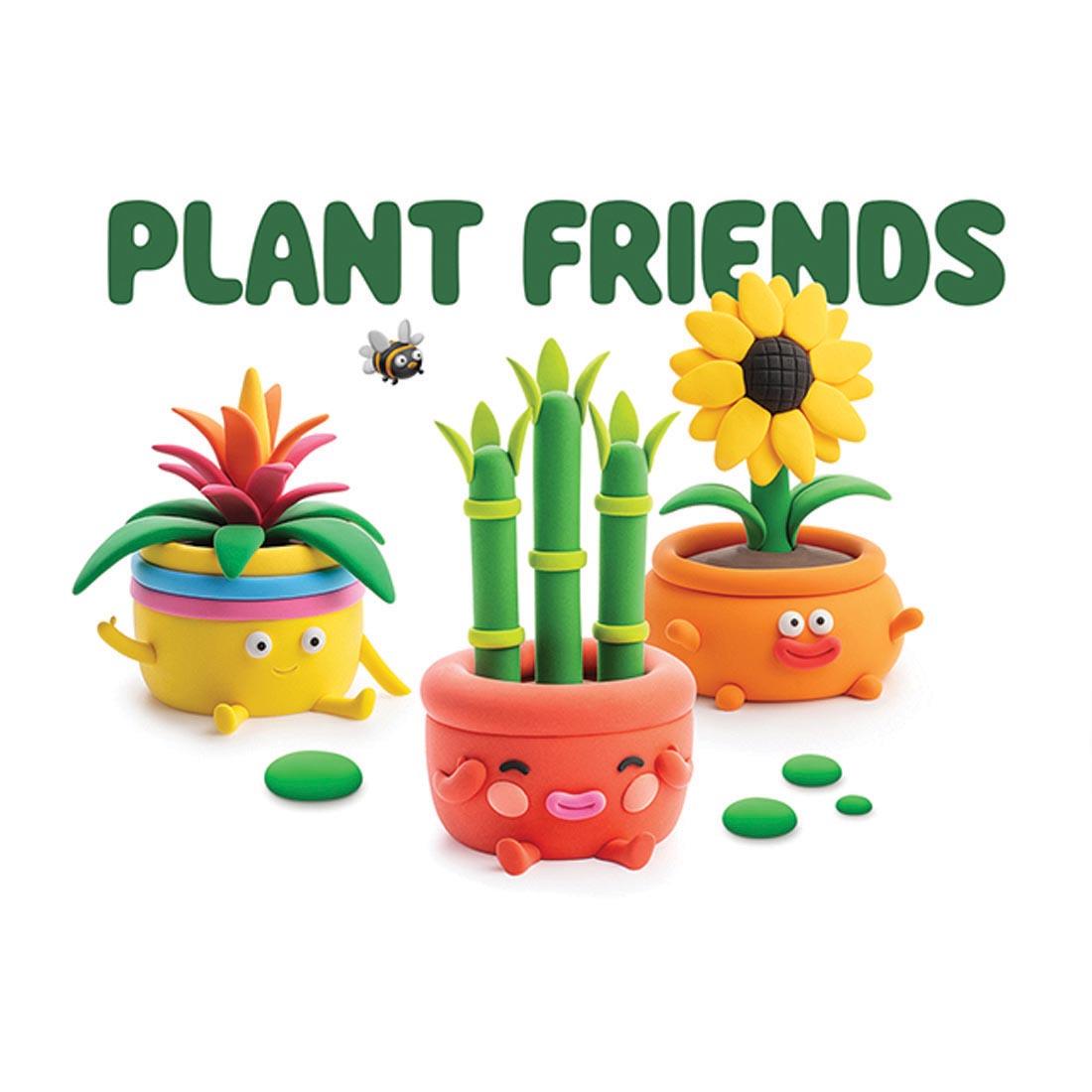 examples of completed sculptures made with Plant Friends Hey Clay By Fat Brain Toys plus the text Plant Friends