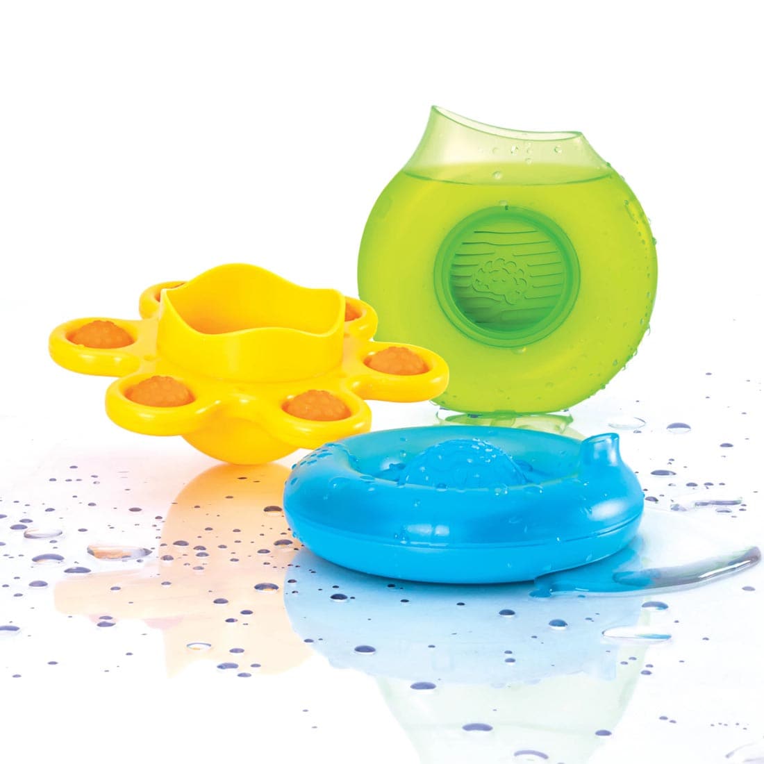 3 Dimpl Splash Bath Toys - green pitcher, blue "donut" and yellow starfish