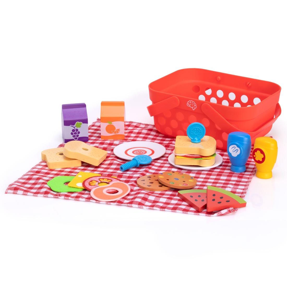 contents of Pretendables Picnic Basket Set - play food, basket and tablecloth